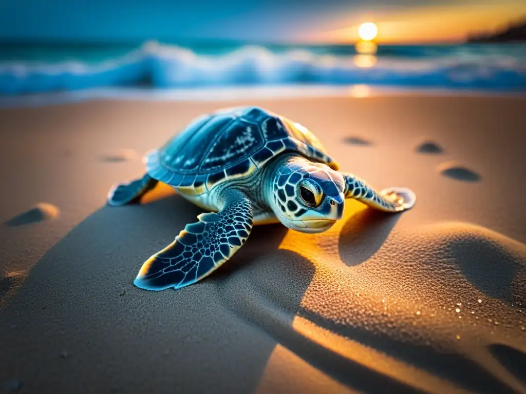 Emotiva lucha de una tortuga marina recién nacida por llegar al mar en una playa bajo la luna llena