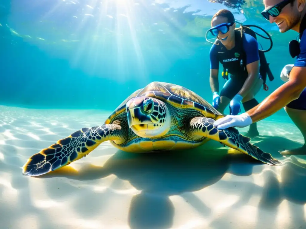 Un emotivo momento: un equipo de biólogos marinos libera con cuidado una tortuga marina rehabilitada de regreso al océano