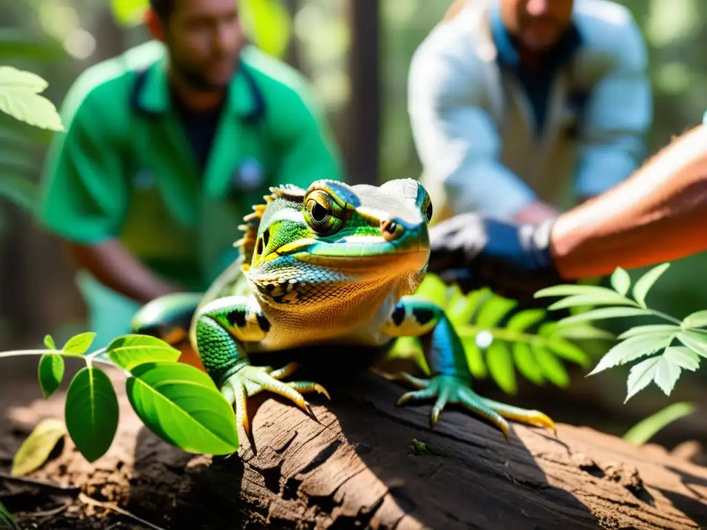 Un emotivo momento de liberación de un reptil rehabilitado en su hábitat natural, con expresiones dedicadas de los científicos