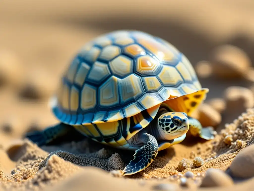 Emotivo nacimiento de una pequeña tortuga saliendo de su huevo en la arena