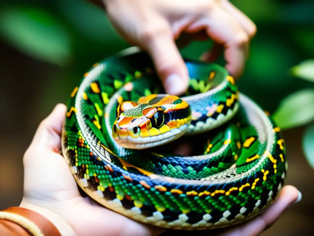 Un encuentro cautivador entre serpiente y humano, mostrando respeto y armonía