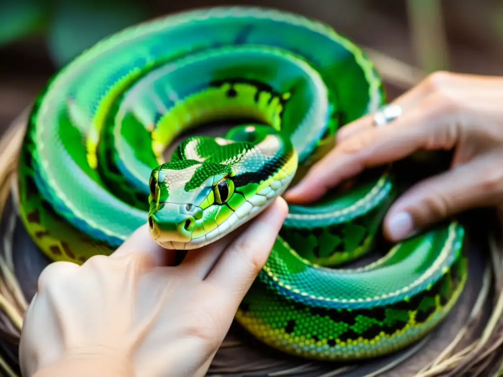 Un encuentro sereno entre una mano humana y una serpiente verde, representando la relación entre serpientes y humanos