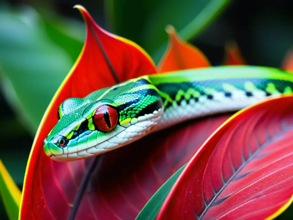 Un enigmático reptil verde se enrosca alrededor de hojas rojas de planta tóxica, mostrando la fascinante relación simbiótica entre ambos