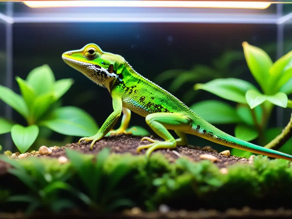 Un entorno cálido y natural con un anolis verde en su terrario