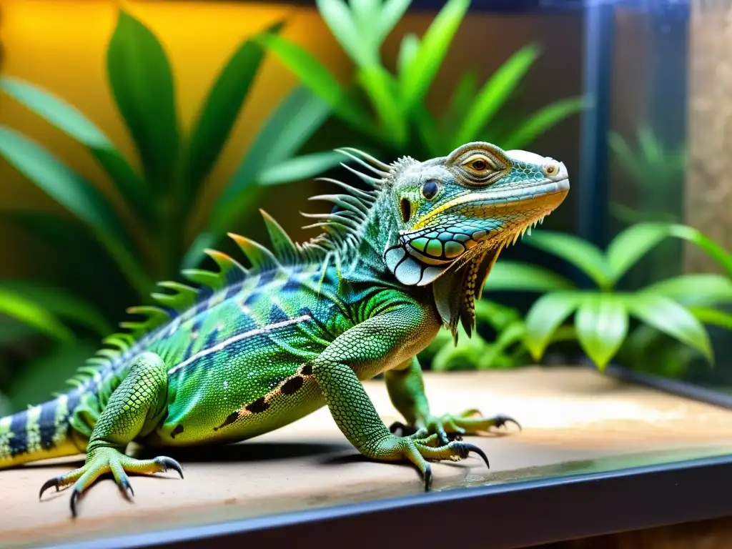 Un entorno cautivador para una iguana verde, con áreas de descanso y vegetación