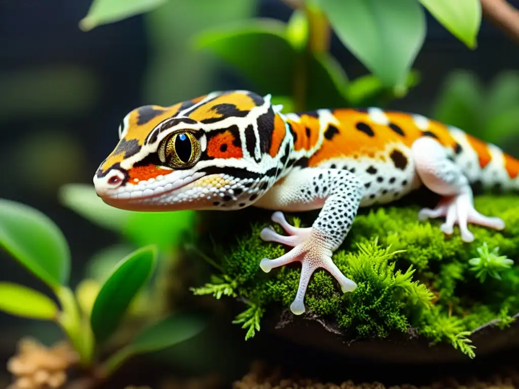 Un entorno enriquecedor para la cría de geckos leopardo en un terrario, destacando su vibrante piel y estructura ocular detallada