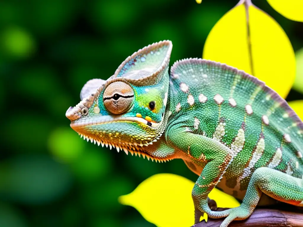 Un camaleón en su entorno natural, mostrando sus estrategias de supervivencia en reptiles mientras se mimetiza con el follaje