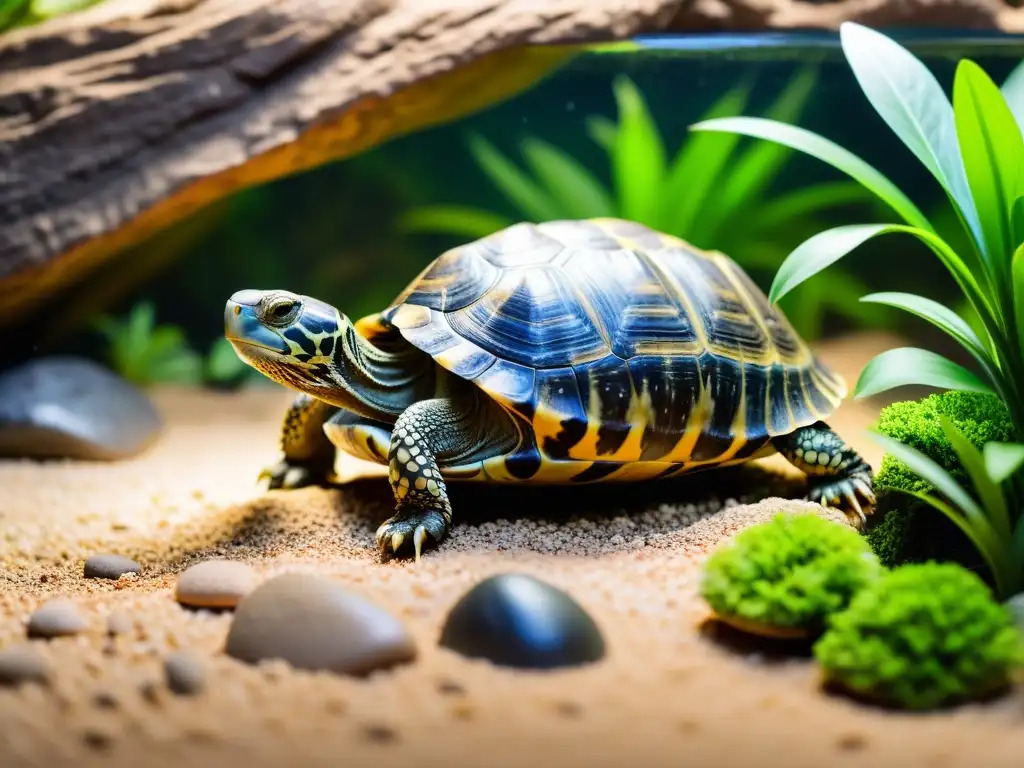 Un entorno perfecto para tortugas en cautiverio, con plantas vibrantes, cascada y una tortuga explorando serenamente