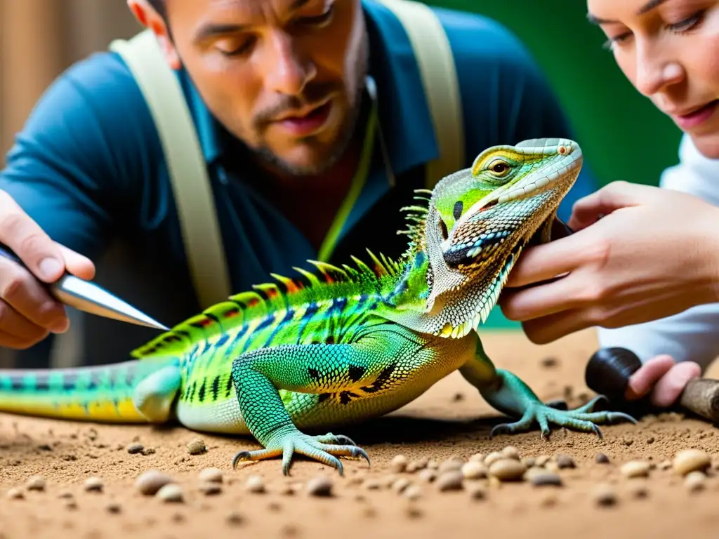 Entrenamiento avanzado para lagartos: detallada imagen de entrenadores utilizando técnicas de estimulación mental y física con lizards