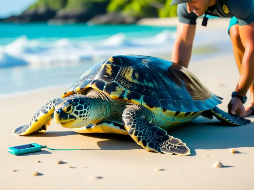 Equipo de biólogos marinos etiquetando y midiendo cuidadosamente una majestuosa tortuga marina en una playa soleada