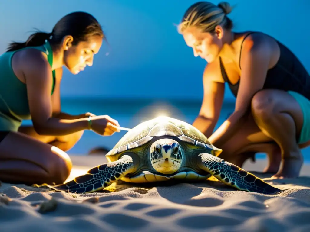 Un equipo de biólogos marinos en una playa iluminada por la luna, midiendo y etiquetando cuidadosamente una tortuga marina anidadora