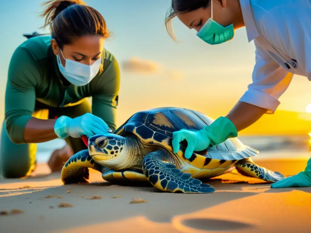 Equipo de biólogos marinos taggeando con cuidado una majestuosa tortuga marina al atardecer en una playa