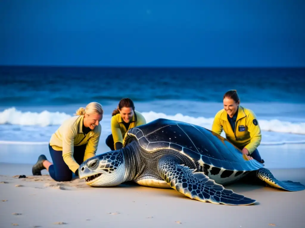 Equipo de biólogos marinos liberando y etiquetando tortuga laúd en playa iluminada por la luna, con olas y cielo estrellado