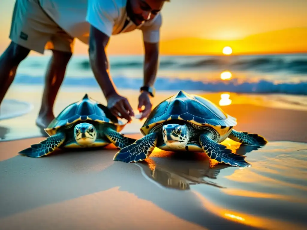 Equipo de biólogos marinos liberando tortugas marinas al atardecer, transmitiendo esperanza y dedicación en proyectos innovadores de conservación