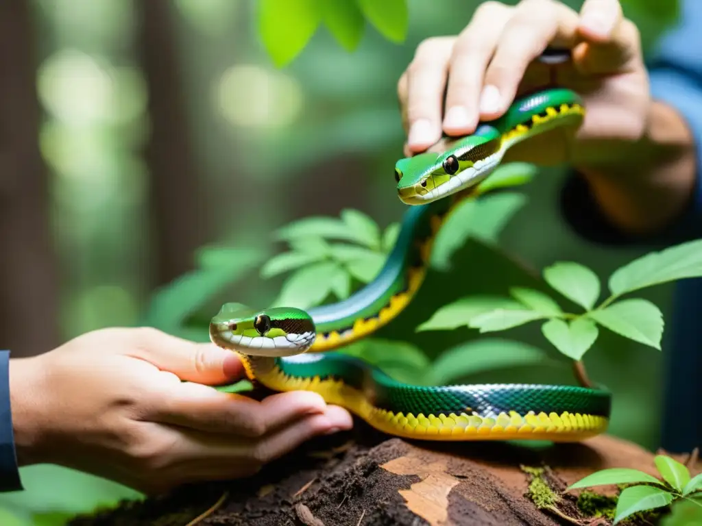 Un equipo de biólogos de la conservación libera serpientes vibrantes en un bosque exuberante, durante una reintroducción de reptiles en ecosistemas