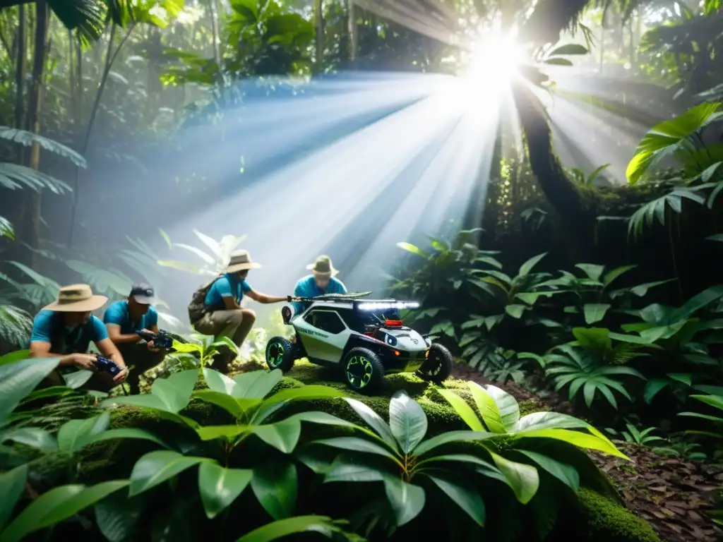 Equipo de investigación de campo con drones y sensores en herpetología, en exuberante selva tropical, con colorida rana dardo