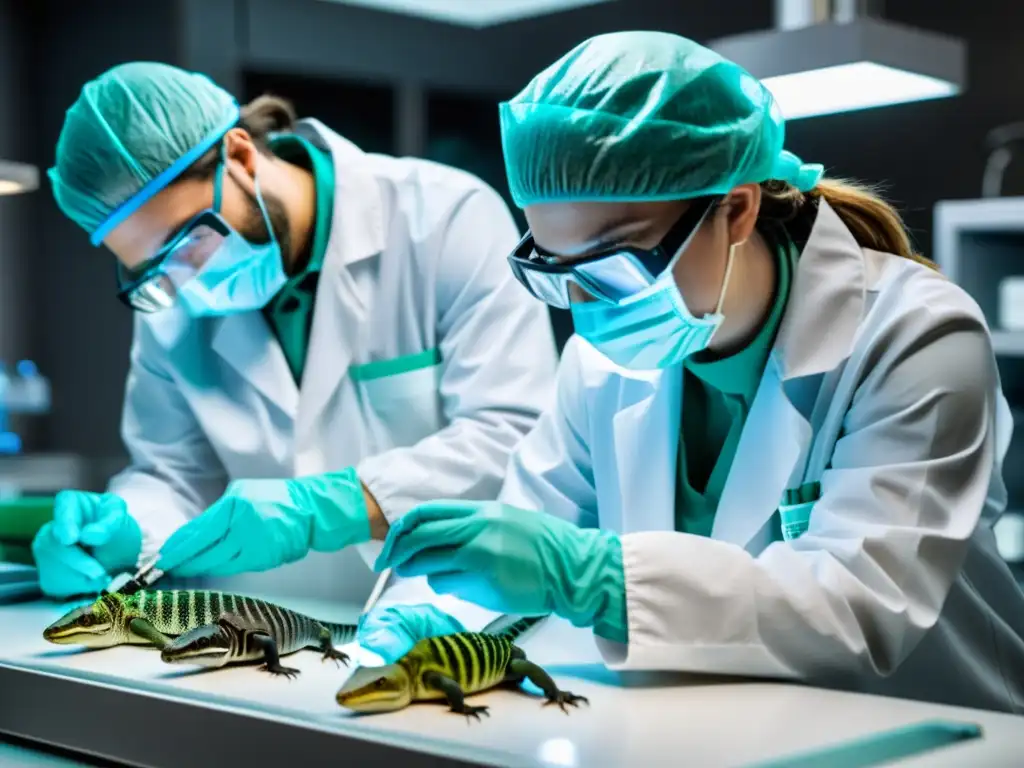 Equipo científico extrayendo ADN de reptil en laboratorio de alta tecnología