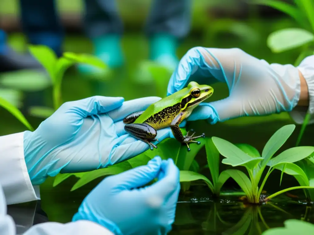 Equipo científico liberando anfibios aclimatados en hábitat natural exuberante