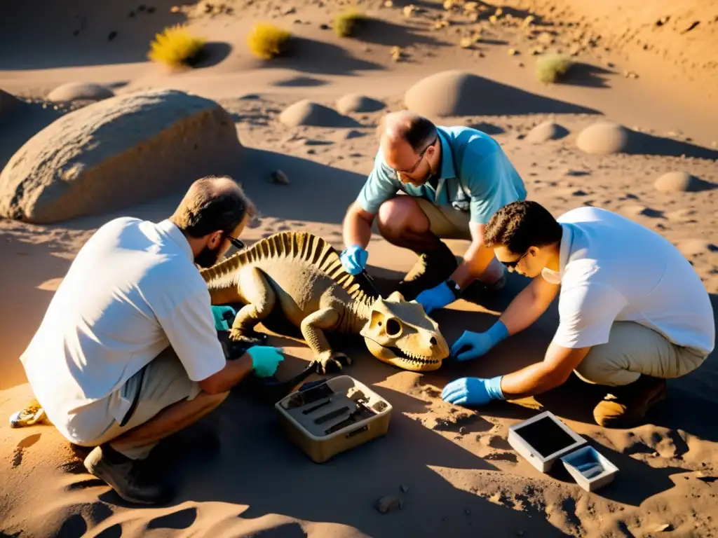 Equipo de científicos en el campo, meticulosamente documentando un fósil de reptil prehistórico en estado crítico, resaltando su conservación