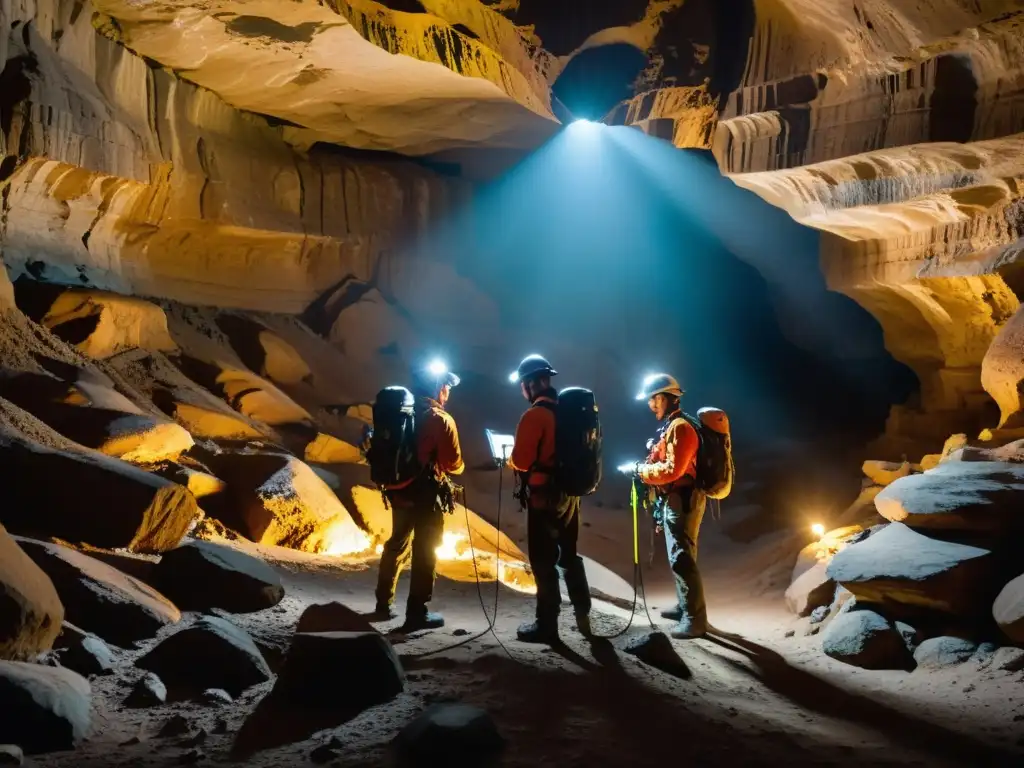 Un equipo de científicos explora una caverna subterránea, iluminando intrincadas formaciones rocosas y reptiles