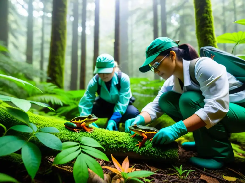 Un equipo de científicos liberando con cuidado anfibios coloridos en un exuberante bosque, destacando la aclimatación de anfibios para reintroducción