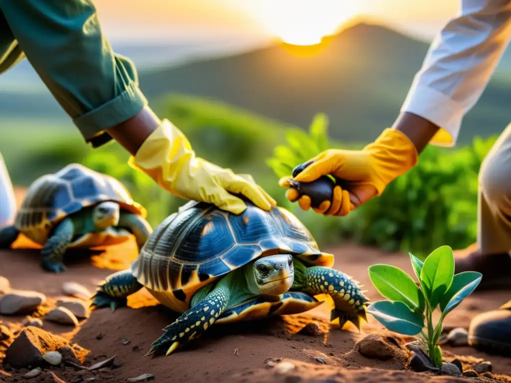 Un equipo de científicos reintroduce con cuidado tortugas terrestres a su hábitat natural, en un escenario natural vibrante