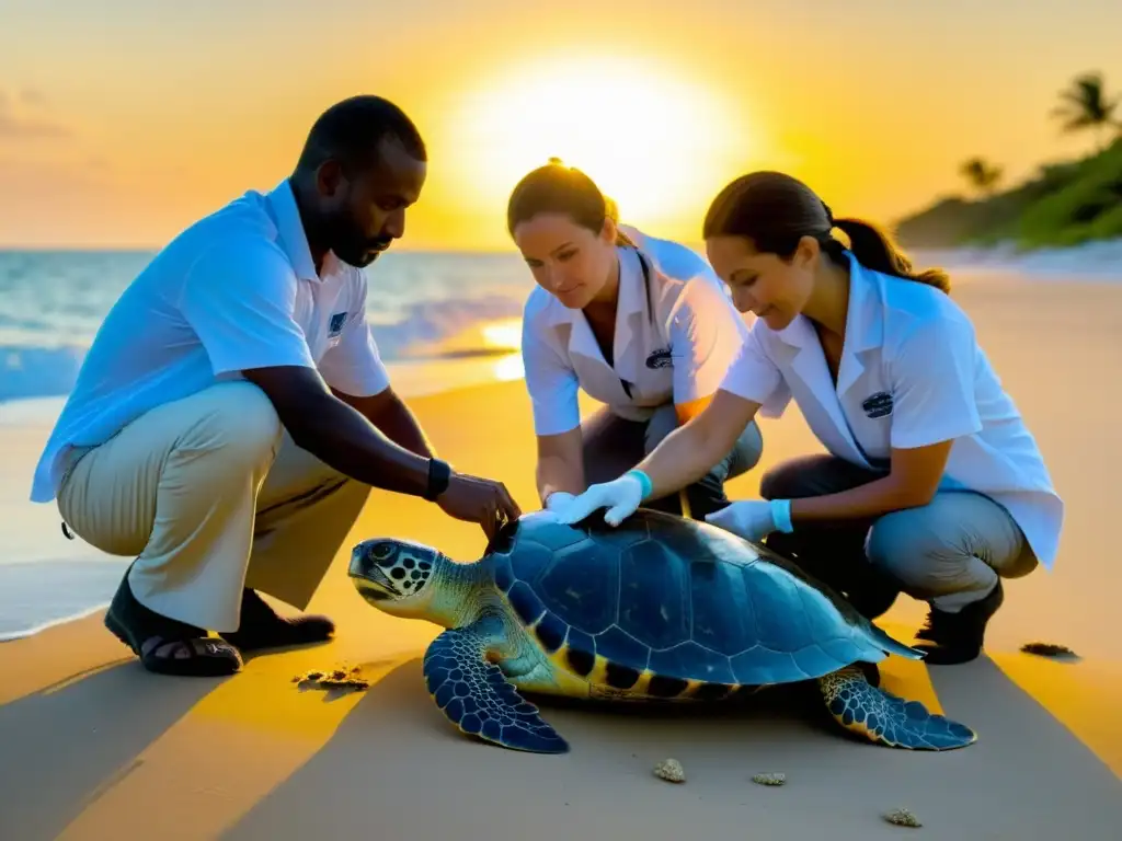 Un equipo de científicos examina detenidamente a una especie vulnerable de tortuga marina en una remota playa al atardecer