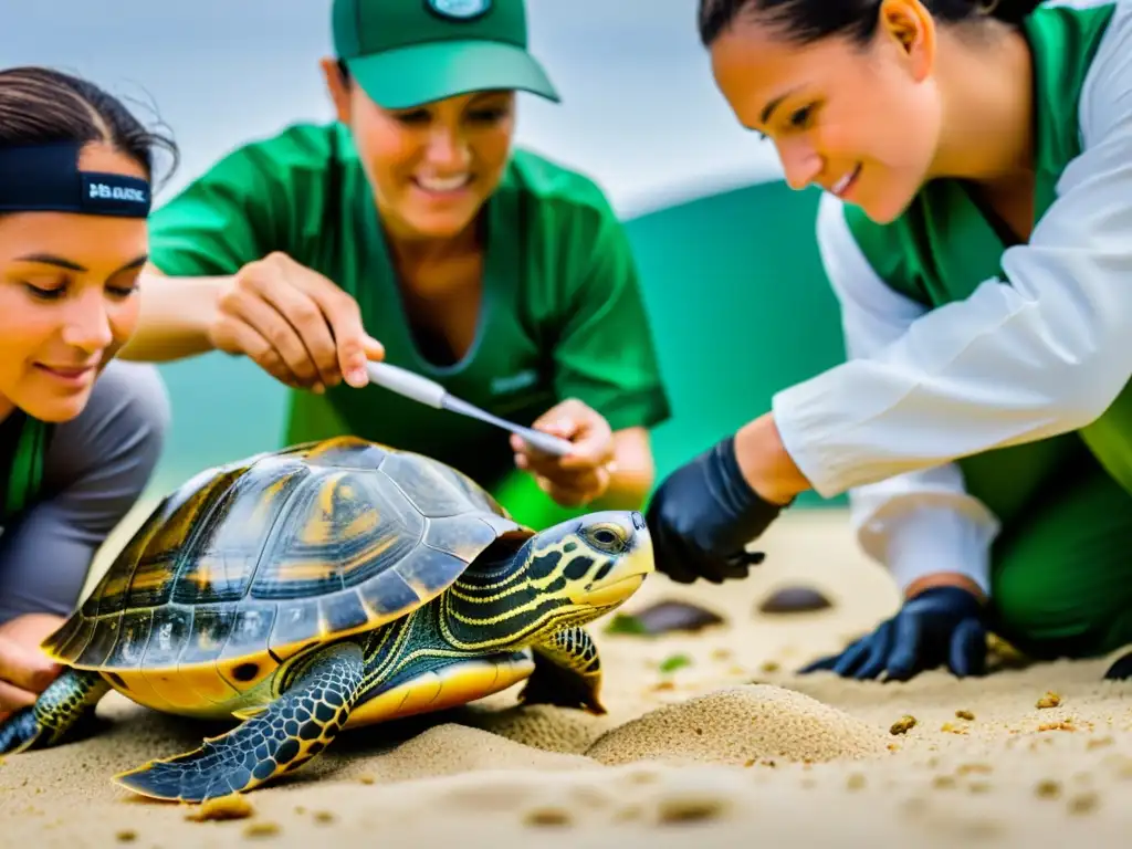 Un equipo de científicos mide y etiqueta con cuidado tortugas en cautiverio, demostrando precisión y responsabilidad en su manejo