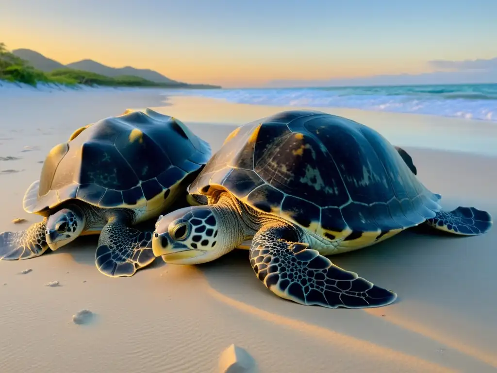 Un equipo de científicos mide y etiqueta con precisión tortugas planas en una playa al atardecer, transmitiendo dedicación y conservación