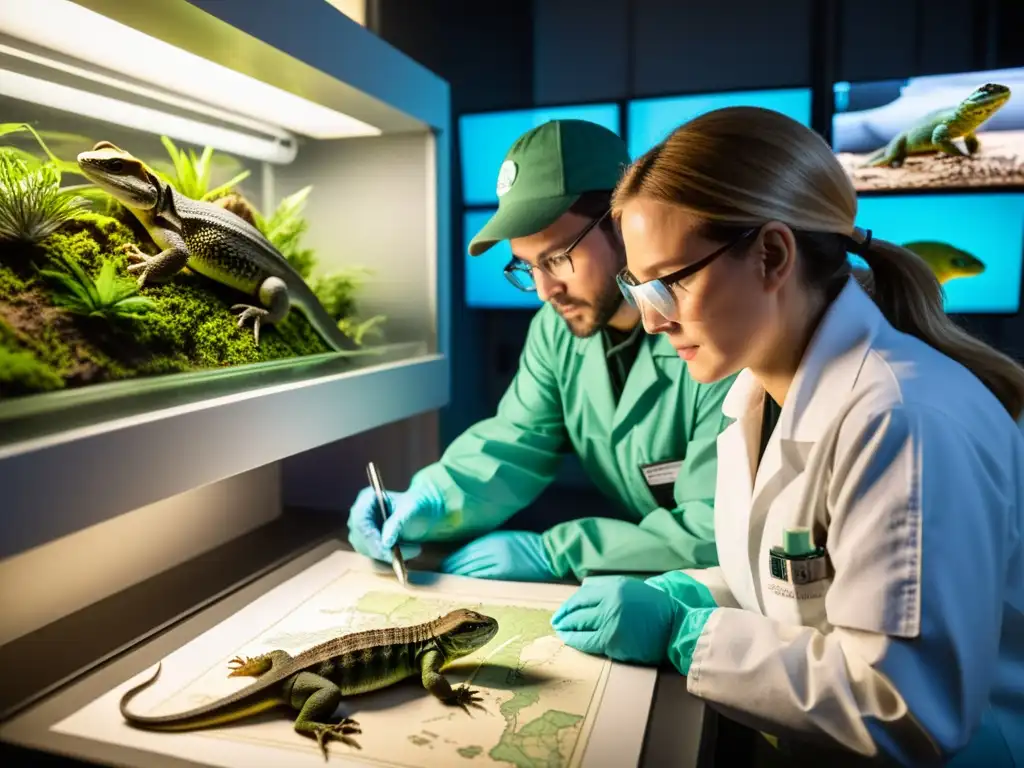 Un equipo de científicos internacionales examina detalladamente una especie de reptil en peligro, en un centro de investigación de alta tecnología