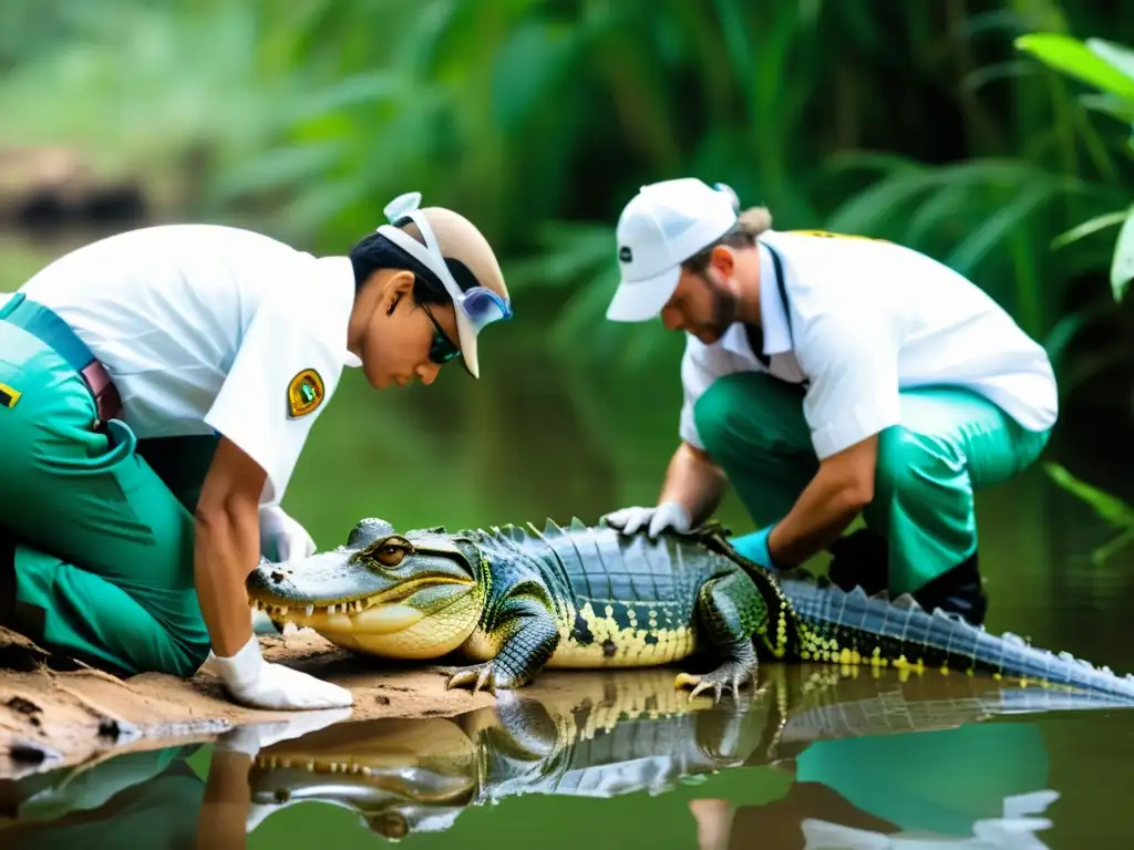 Un equipo de científicos estudia y mide cuidadosamente a un joven cocodrilo Orinoco en su hábitat natural, mostrando dedicación a la conservación