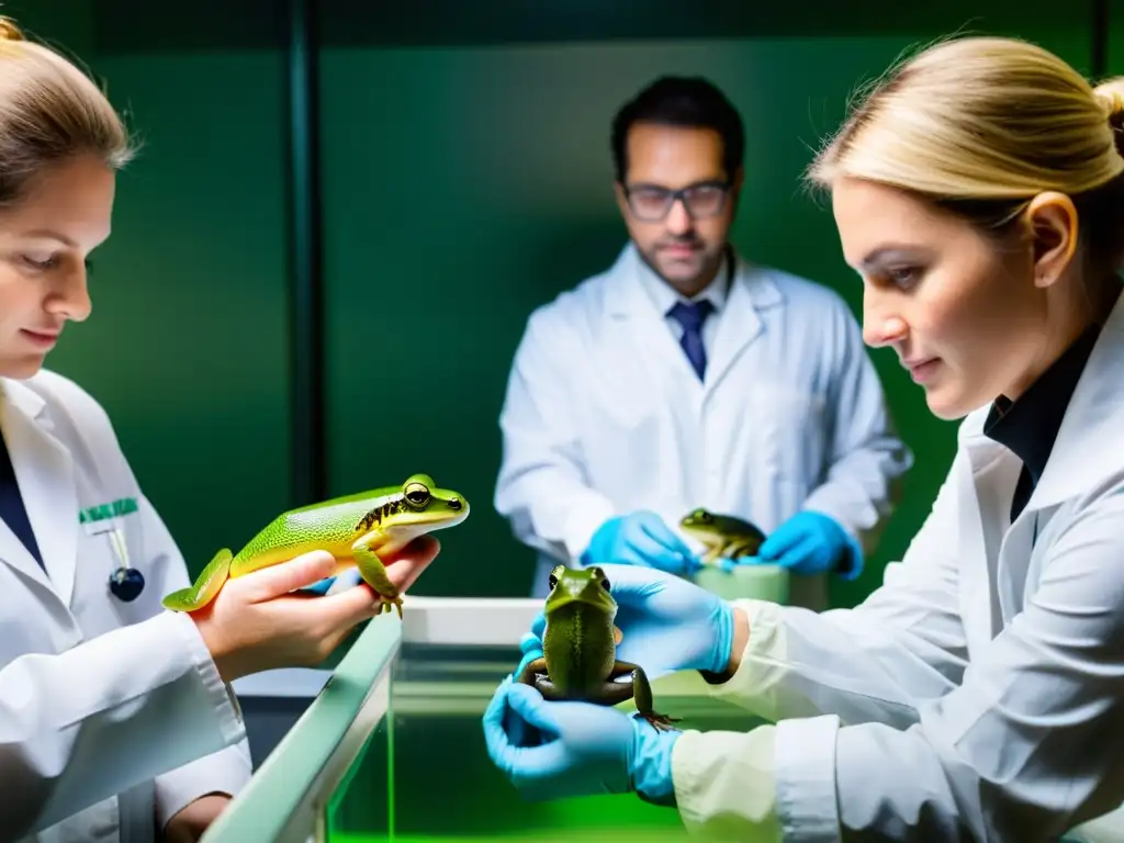 Un equipo de científicos en un laboratorio examina con cuidado anfibios en peligro, destacando la aplicación de leyes bienestar animal anfibios