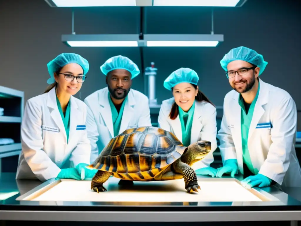 Equipo de científicos en laboratorio analizando la genética de una tortuga centenaria