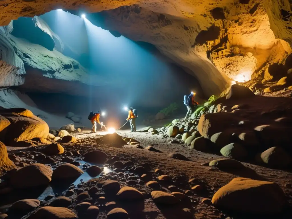 Equipo de científicos prepara la fotografía subterránea de anfibios cavernícolas en una misteriosa y fascinante caverna iluminada por linternas