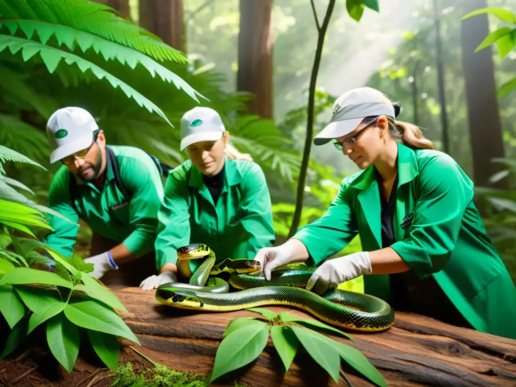 Equipo de científicos reintroduciendo serpientes en un exuberante bosque, documentando cuidadosamente el proceso