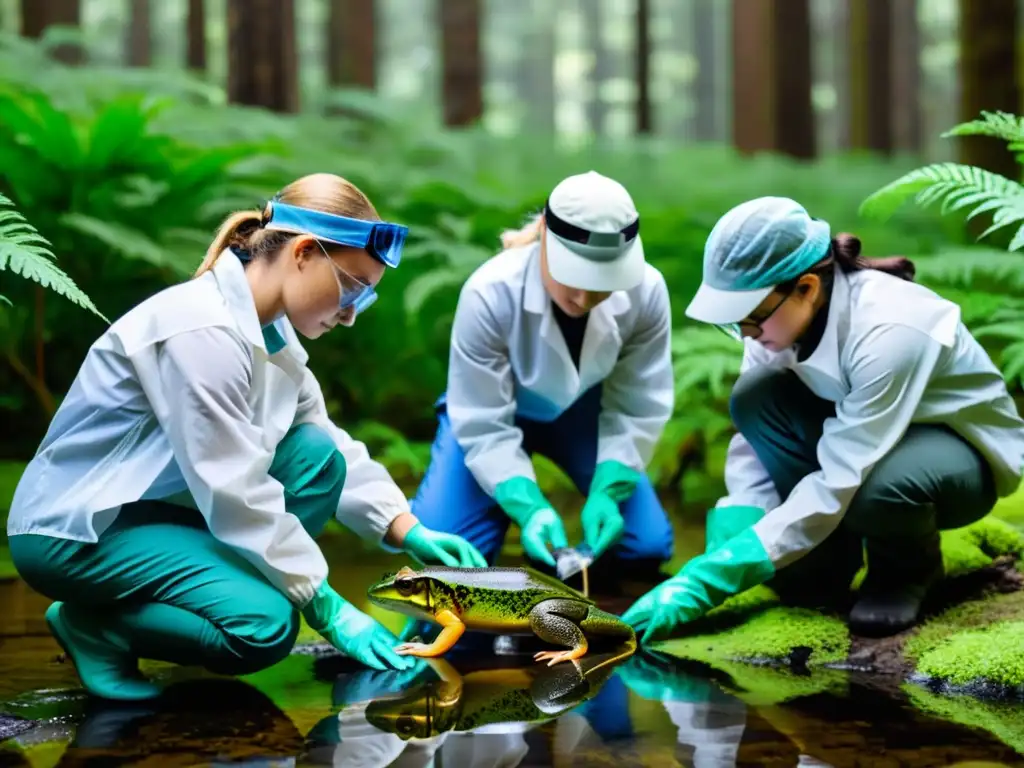 Un equipo de científicos en trajes protectores prepara anfibios para reintroducción en el bosque