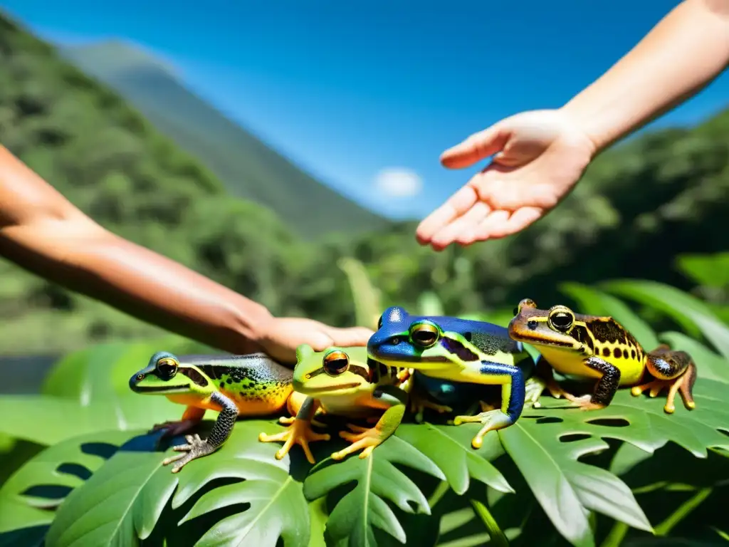 Equipo de conservacionistas liberando anfibios en su hábitat natural, resaltando la urgencia de la conservación de anfibios en crisis climática