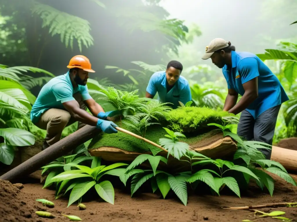 Un equipo de conservacionistas construye hábitats artificiales para reptiles en un bosque biodiverso, con precisión y atención al detalle