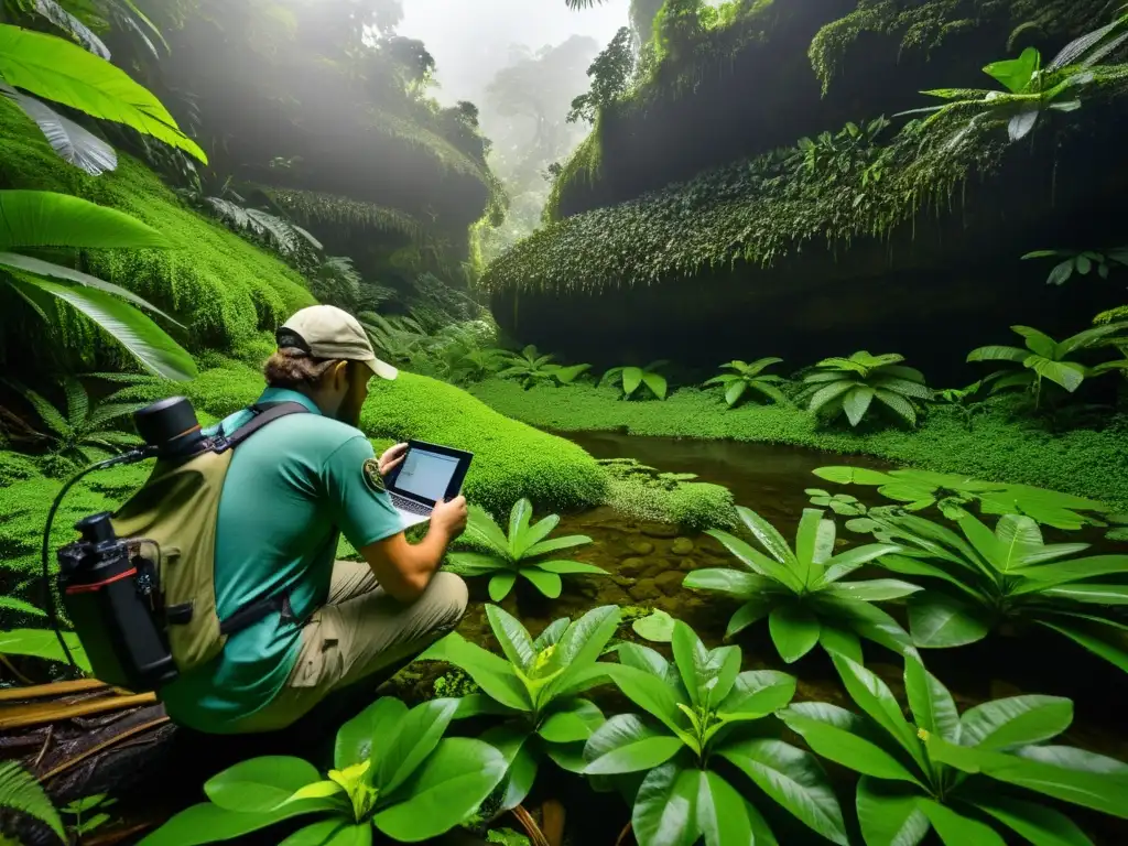 Equipo de conservacionistas documentando visualmente el hábitat y comportamiento de anfibios en la exuberante selva lluviosa