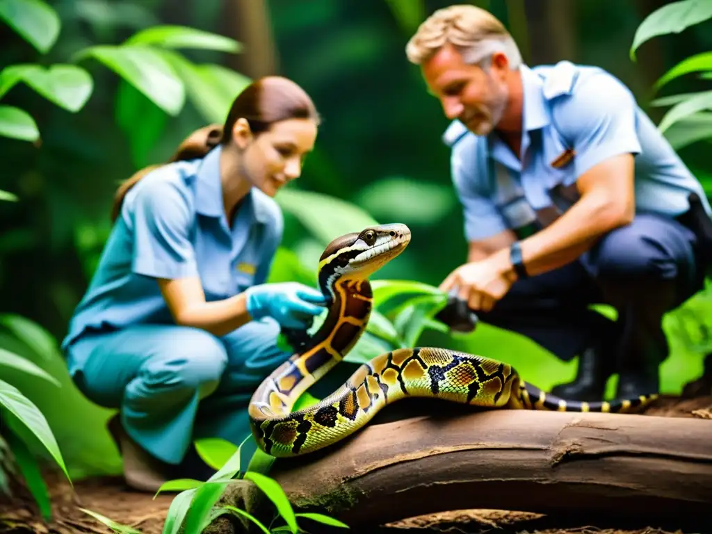 Un equipo de conservacionistas maneja con cuidado una boa constrictora en su hábitat natural, destacando la importancia del manejo de boas constrictoras fuera del hábitat