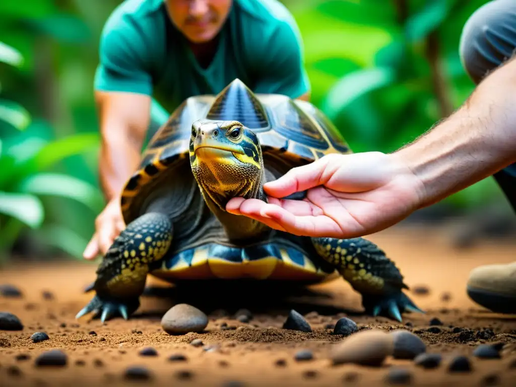 Un equipo de conservacionistas libera con cuidado a un reptil en peligro