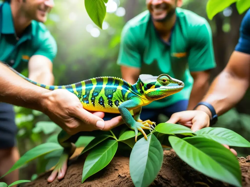 Un equipo de conservacionistas libera con cuidado reptiles vibrantes en su hábitat natural, resaltando la crucial reintroducción de los animales