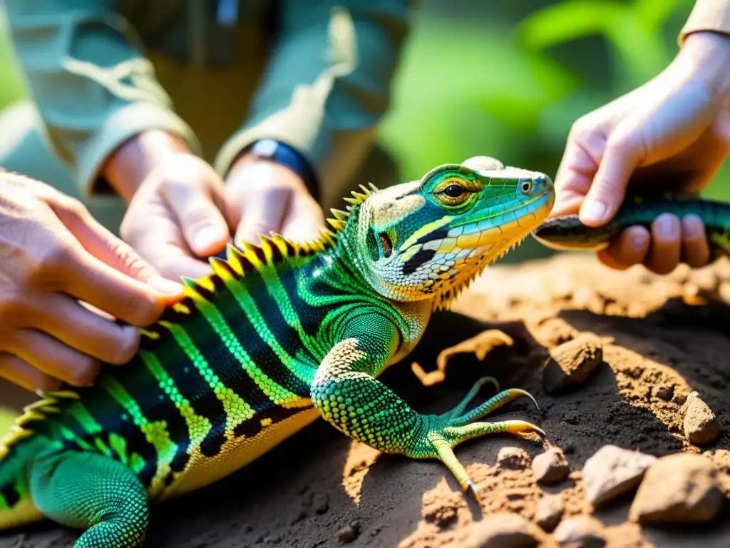 Un equipo de conservacionistas libera con cuidado reptiles en su hábitat natural, destacando la importancia de la conservación de reptiles y anfibios