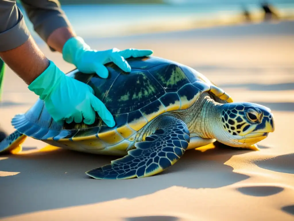 Un equipo de conservacionistas libera con cuidado una tortuga marina rehabilitada en el océano, mostrando estrategias legales para la preservación de reptiles amenazados