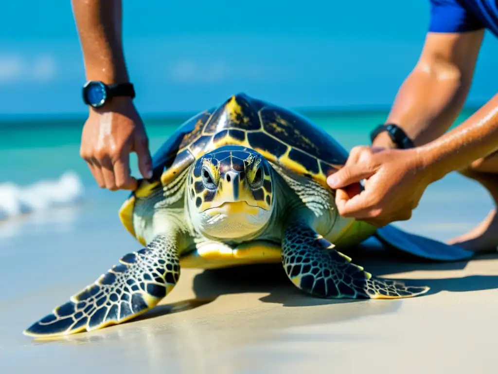 Un equipo de conservacionistas libera con cuidado una tortuga marina rehabilitada en el océano