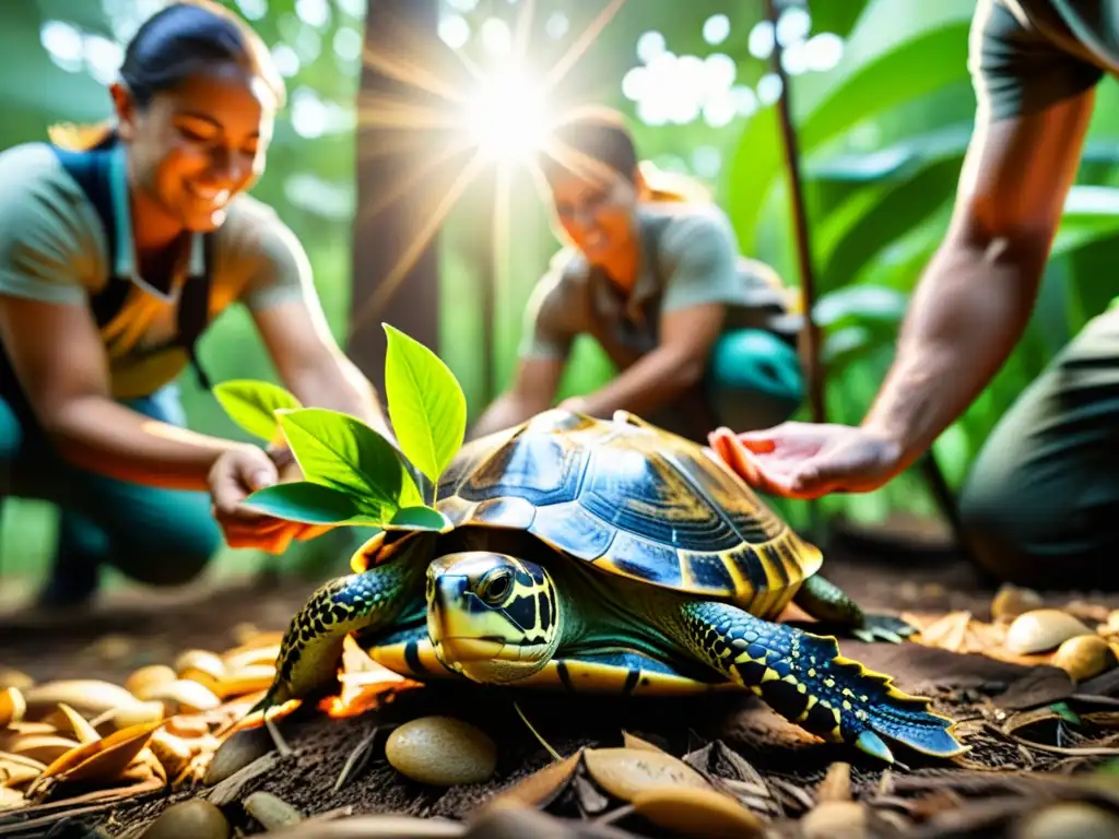 Equipo de conservacionistas liberando con cuidado tortugas terrestres en su hábitat natural, en un emotivo acto de reintroducción a la naturaleza