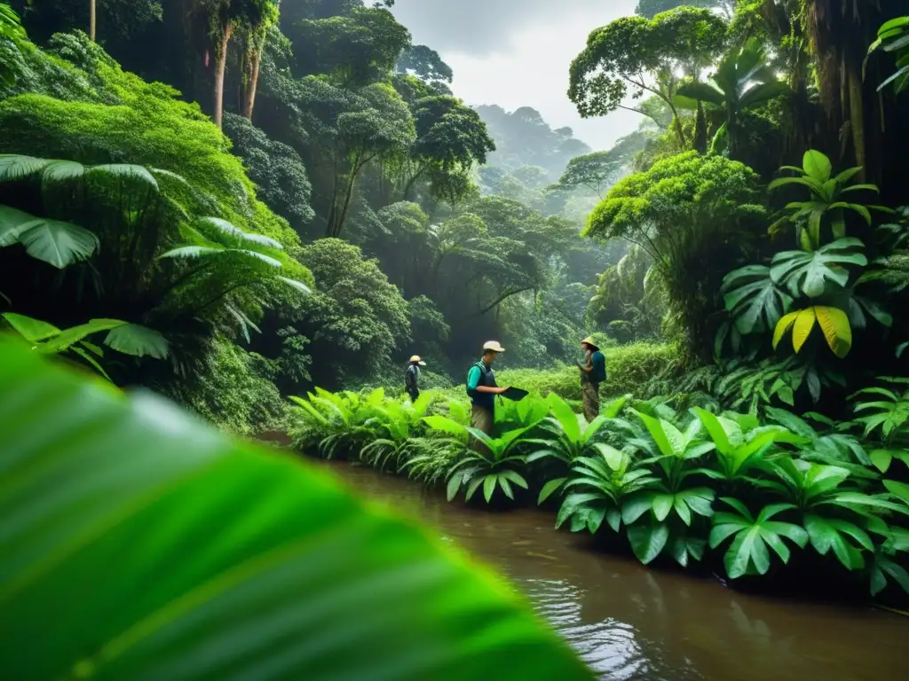 Equipo de conservacionistas en la densa selva, prevención y control de anfibios exóticos