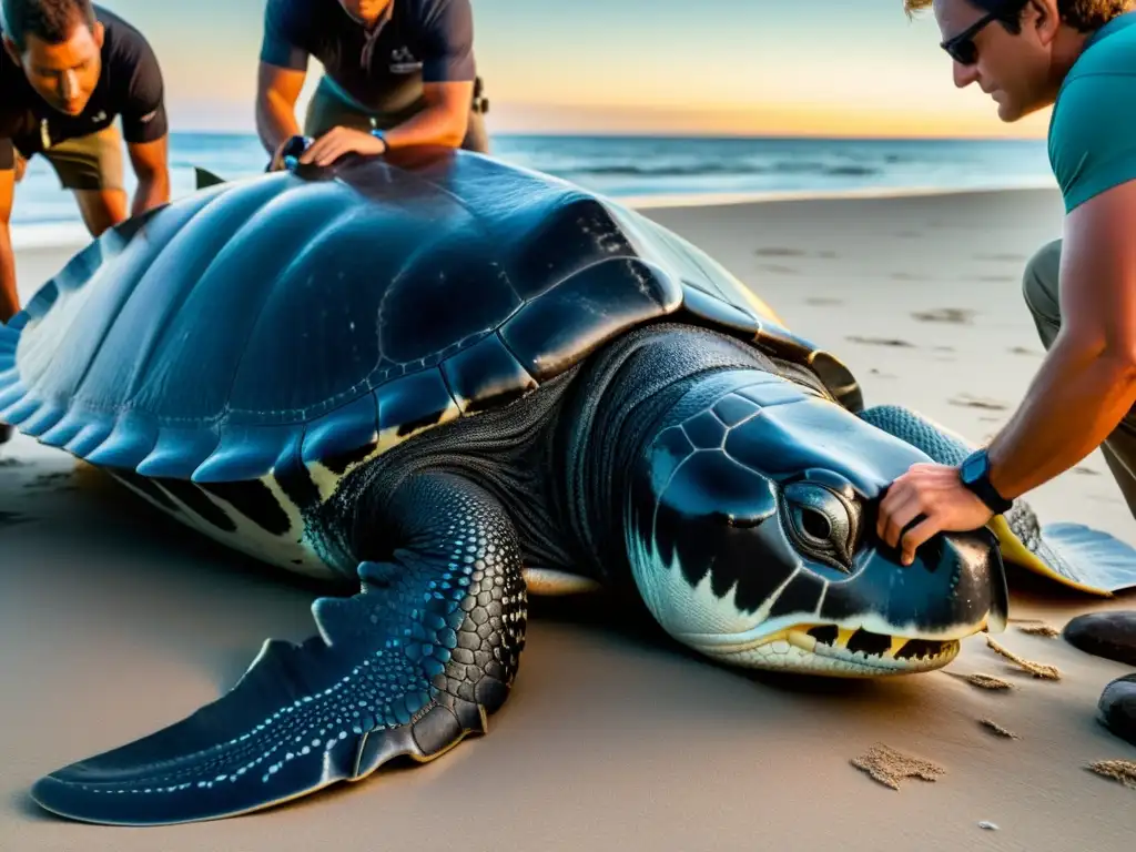 Un equipo de conservacionistas midiendo y etiquetando una enorme tortuga baula en la playa bajo la luz de la luna