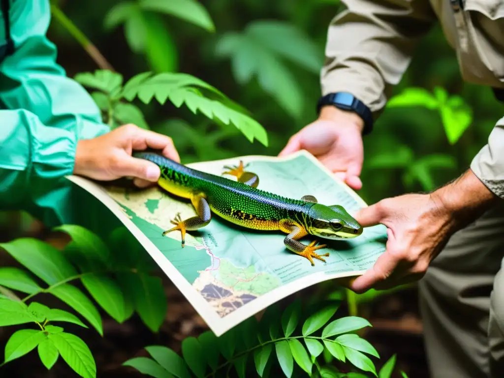 Equipo de conservacionistas liberando una especie rara de reptil en su hábitat natural