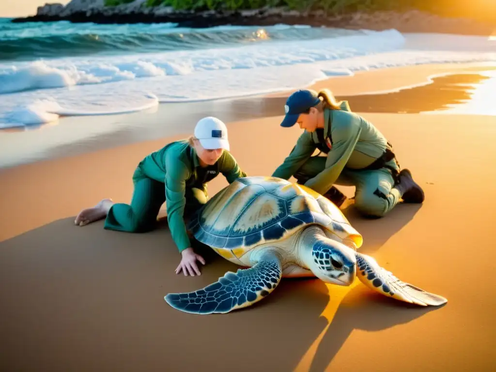 Conservacionistas protegiendo nido de tortugas albinas Equipo de conservacionistas cuidando y protegiendo el nido de tortugas albinas en una playa remota al atardecer